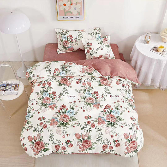 Единично спално бельо с ластик – бяло и розово с рози