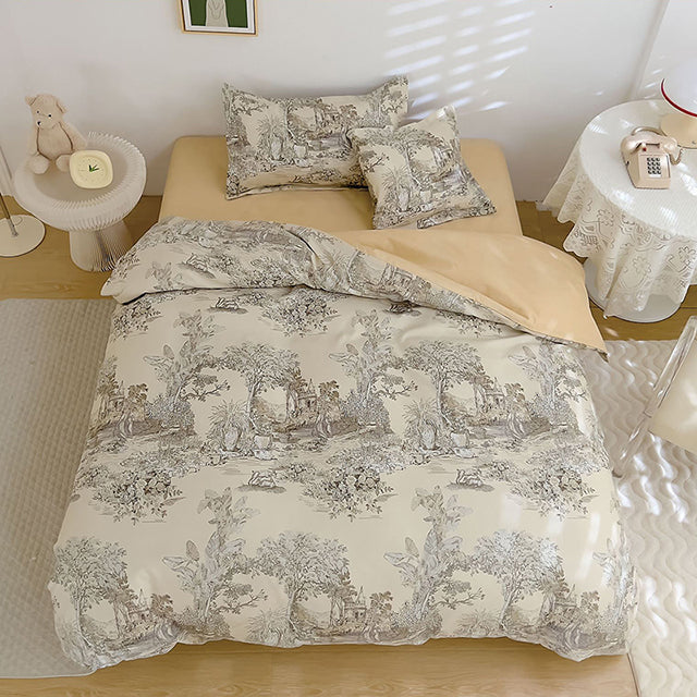 Единично спално бельо с ластик – бежово с дървета