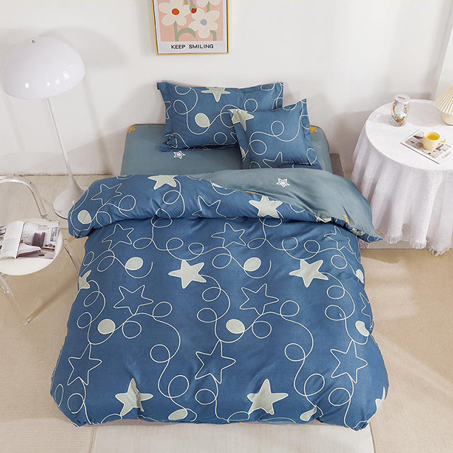 Единично спално бельо с ластик – тъмносиньо със звезди