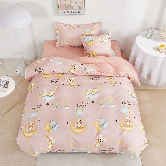 Единично спално бельо с ластик – розово с лунни мечета