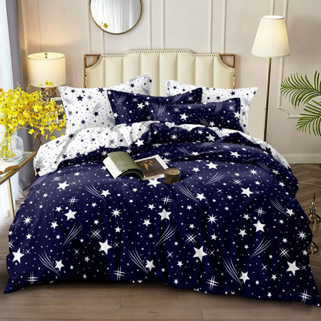 Единично спално бельо 4 части - тъмносиньо и бяло със звездички