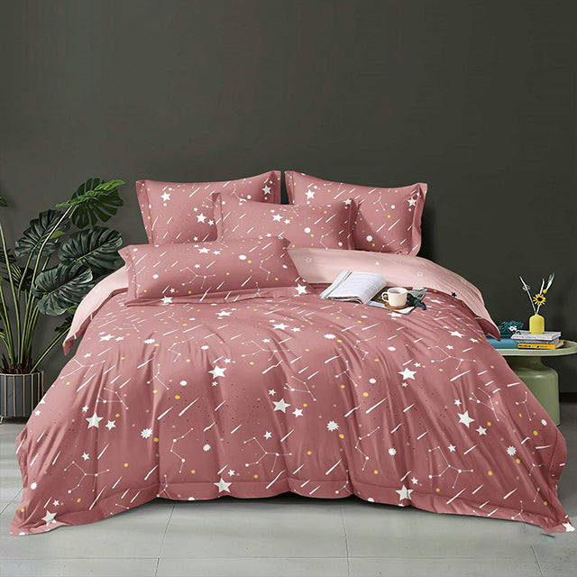 Единично спално бельо 4 части - цвят бордо със звездички