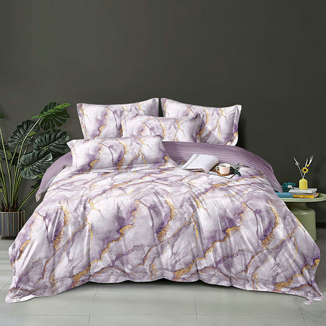 Единично спално бельо 4 части - лилаво с мраморен ефект