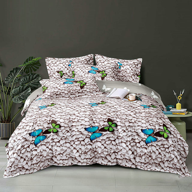 Единично спално бельо 4 части - бяло с камъчета и пеперуди