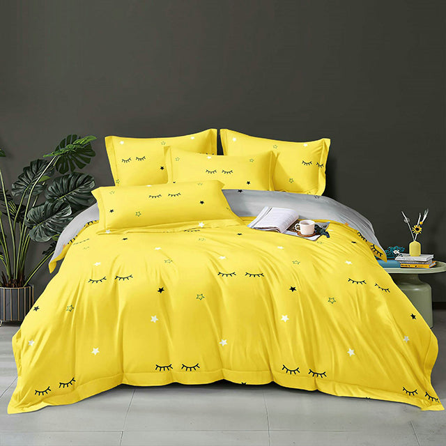 Единично спално бельо 4 части - жълто с мигли и звездички