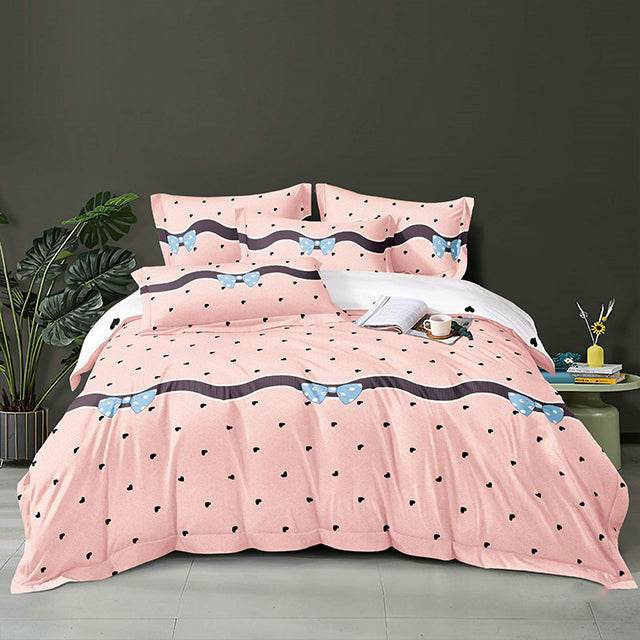 Единично спално бельо 4 части - розово с панделки и сърчица