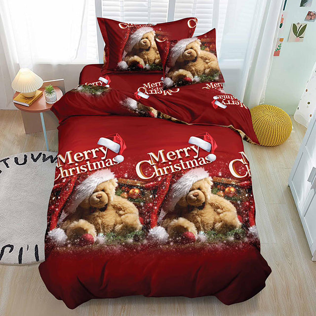 Коледно единично спално бельо с ластик - червено с мечета