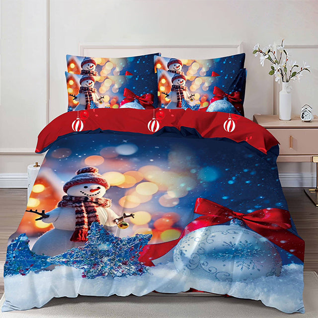 Коледно спално бельо от 100% памук 6 части – син цвят със снежен човек
