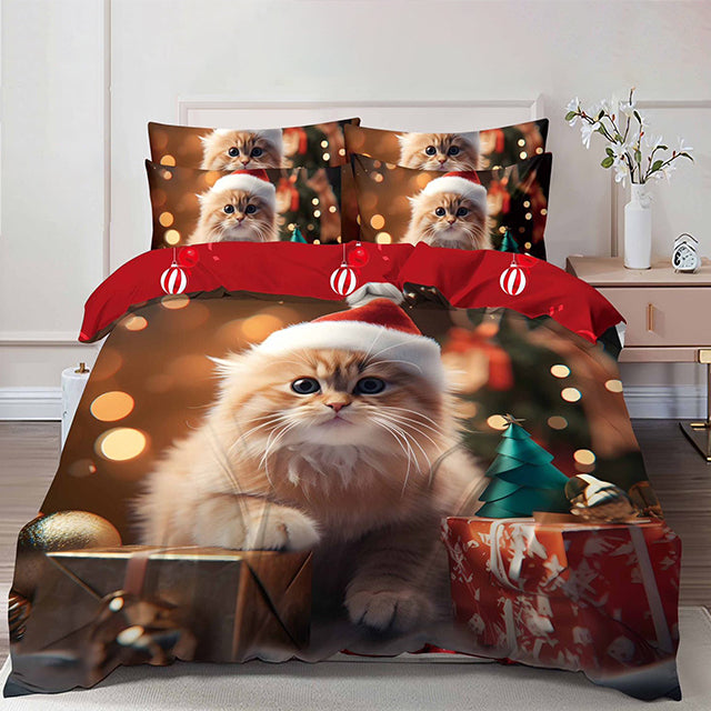 Коледно спално бельо от 100% памук 6 части – червен цвят с котенце