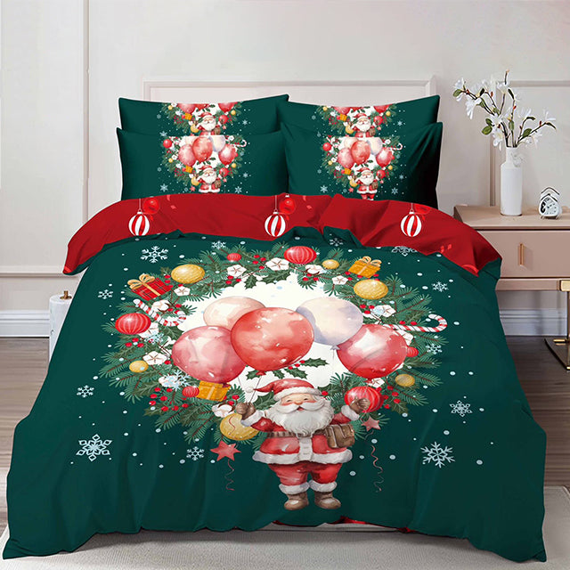 Коледно спално бельо от 100% памук 6 части – зелен цвят с дядо коледа