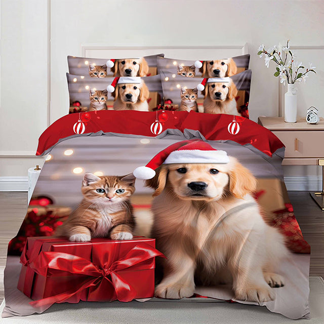 Коледно спално бельо от 100% памук 6 части – с куче и коте