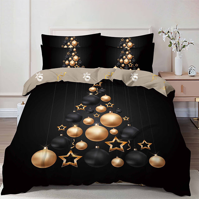 Коледно спално бельо от 100% памук 6 части – черен цвят с коледни играчки