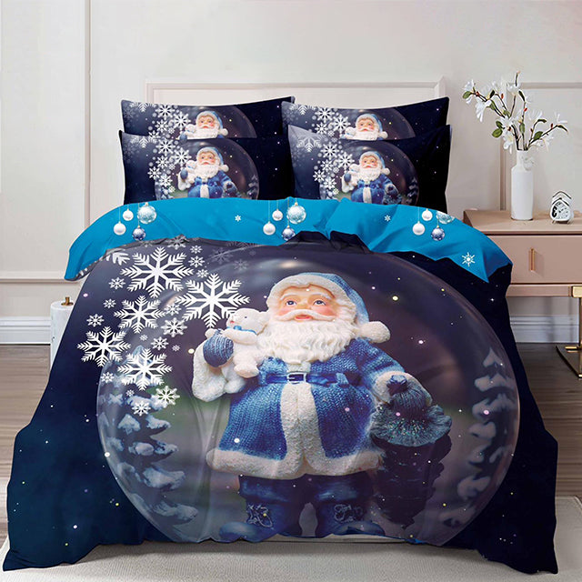Коледно спално бельо от 100% памук 6 части – синьо с дядо коледа