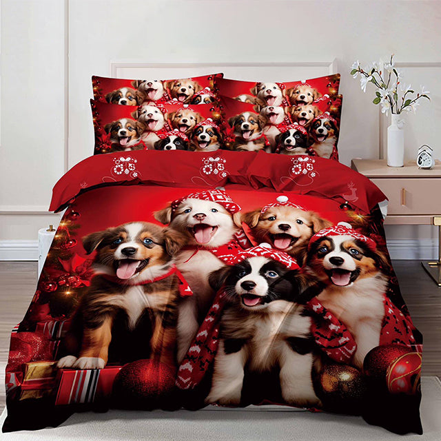 Коледно спално бельо от 100% памук 6 части – червено с кученца