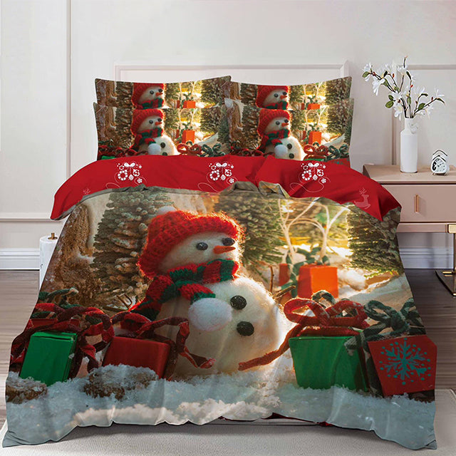 Коледно спално бельо от 100% памук 6 части – снежен човек и подаръци