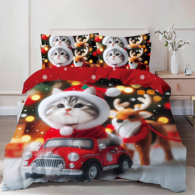 Коледно спално бельо от 100% памук 6 части – с коте и кола
