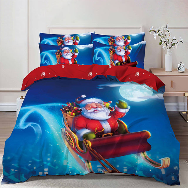 Коледно спално бельо от 100% памук 6 части – син цвят с коледни мотиви