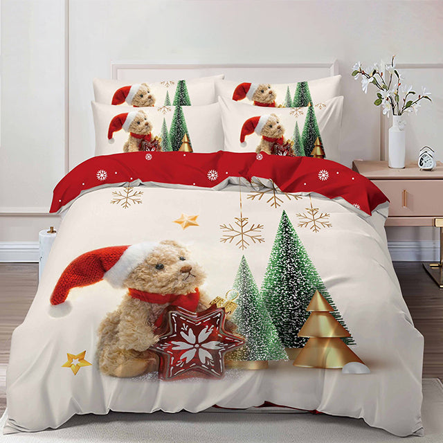 Коледно спално бельо от 100% памук 6 части – бял цвят с кученце