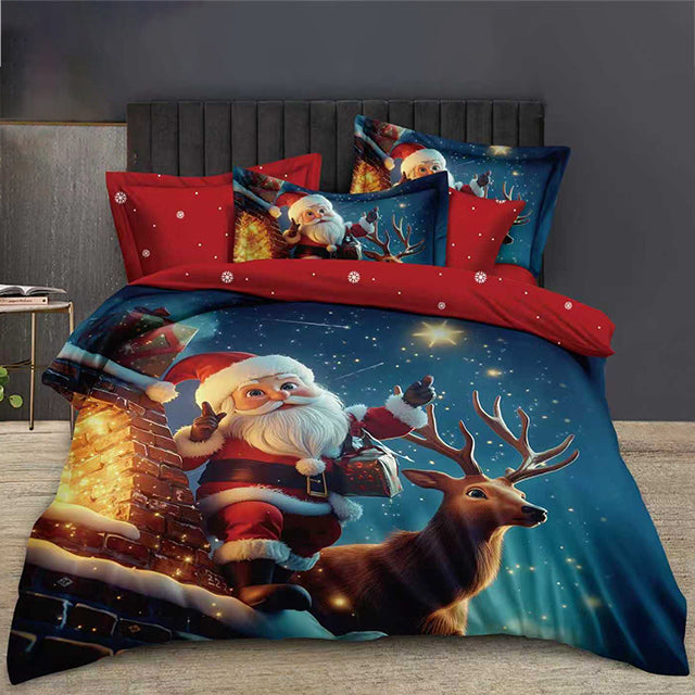 Коледно спално бельо от 100% памук 6 части – синьо с дядо коледа и еленче