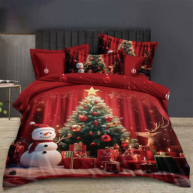 Коледно спално бельо от 100% памук 6 части – червено с елха