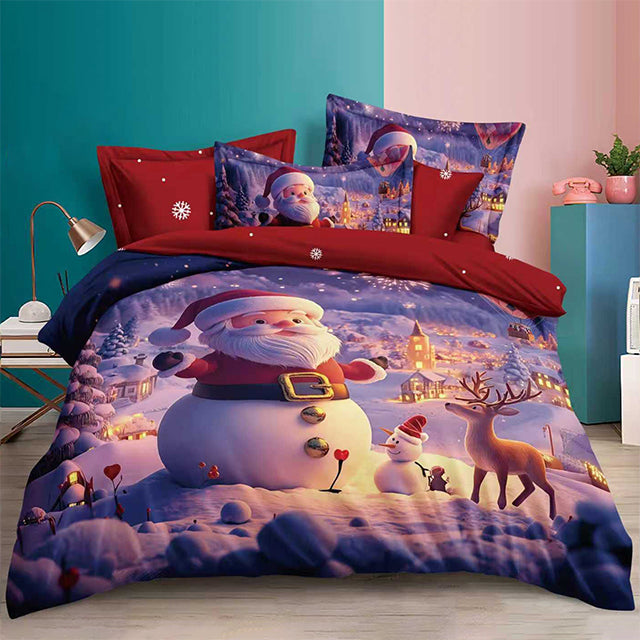 Коледно спално бельо от 100% памук 6 части – лилаво със снежен човек