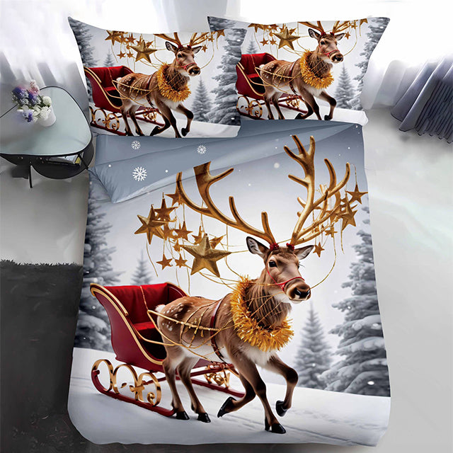 Коледно единично спално бельо - сиво с еленче