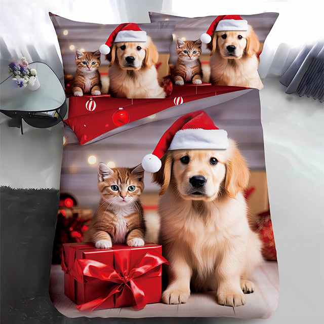 Коледно единично спално бельо - с куче и коте
