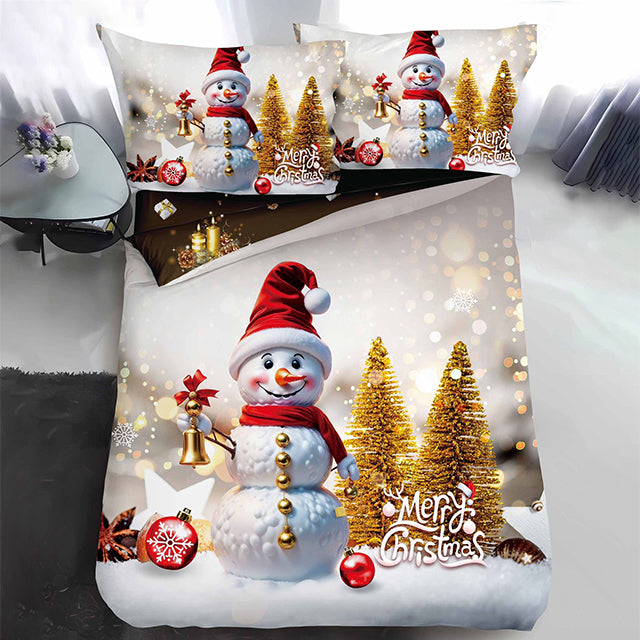 Коледно единично спално бельо - бяло и кафяво със снежен човек