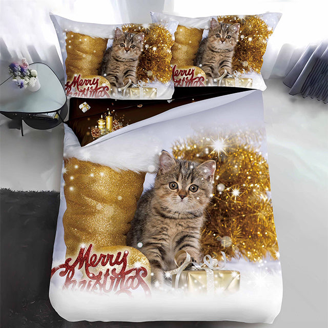 Коледно единично спално бельо - бяло и кафяво с коте