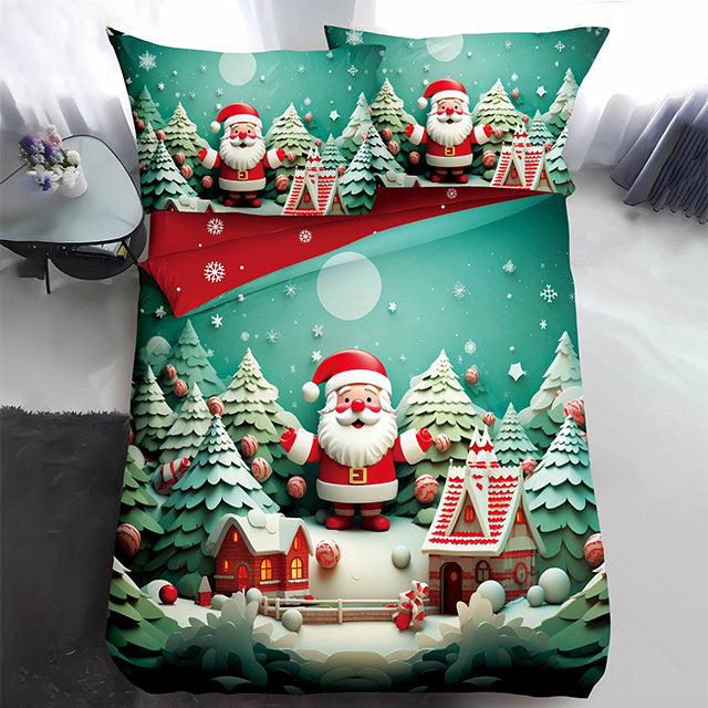 Коледно единично спално бельо - зелено с дядо коледа