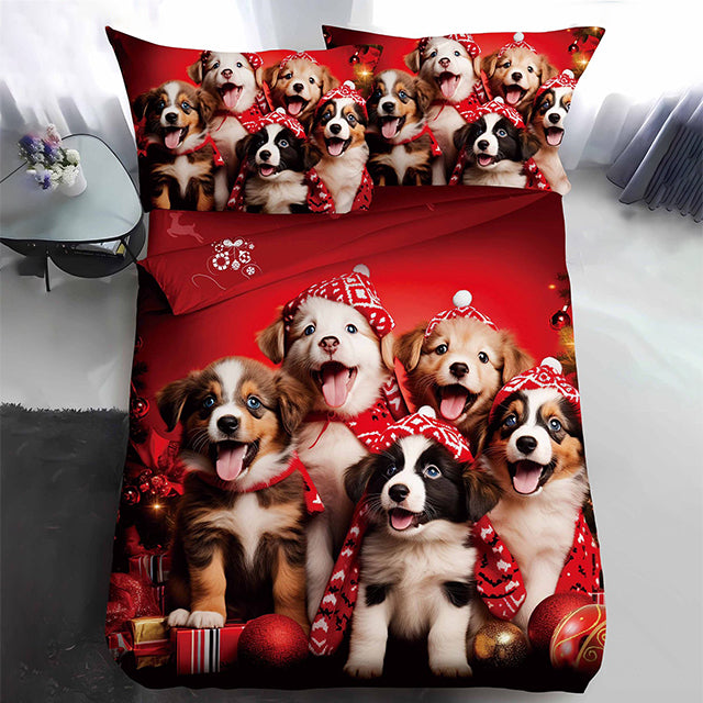 Коледно единично спално бельо - червено с кученца