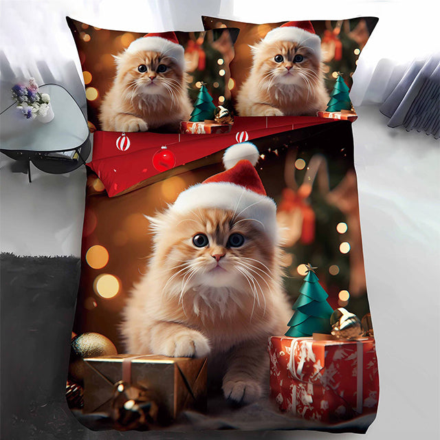 Коледно единично спално бельо - с коте и подаръци