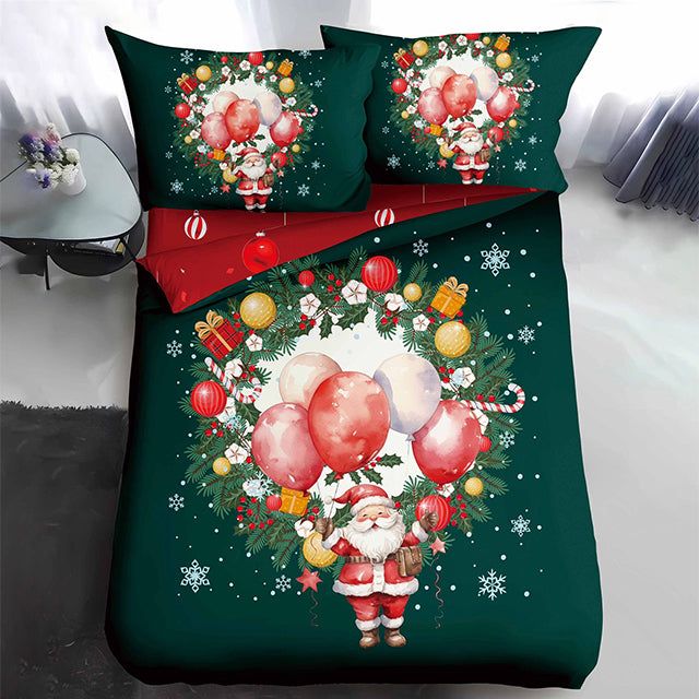 Коледно единично спално бельо - зелено с дядо коледа