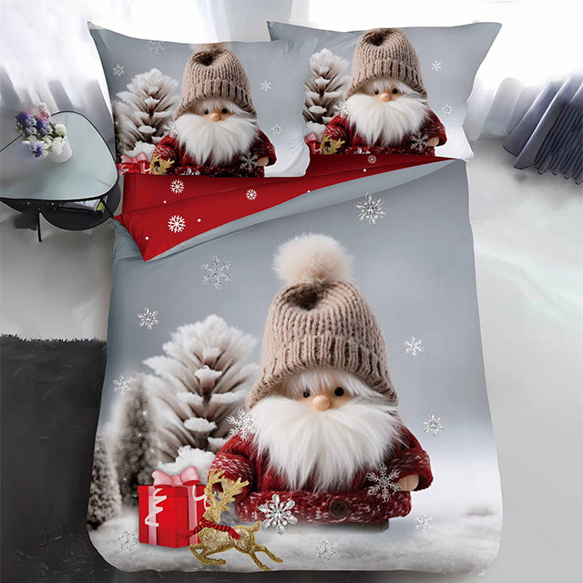 Коледно единично спално бельо - сиво с коледно джудже