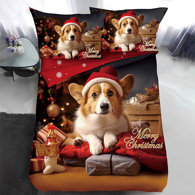 Коледно единично спално бельо - кафяво с куче