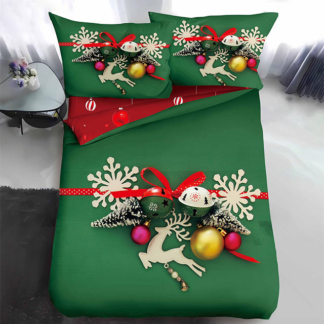 Коледно единично спално бельо - зелено с коледна украса