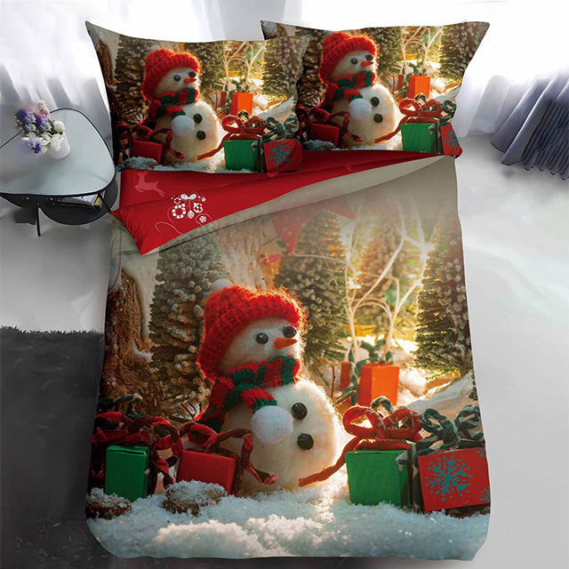 Коледно единично спално бельо - снежен човек и подаръци