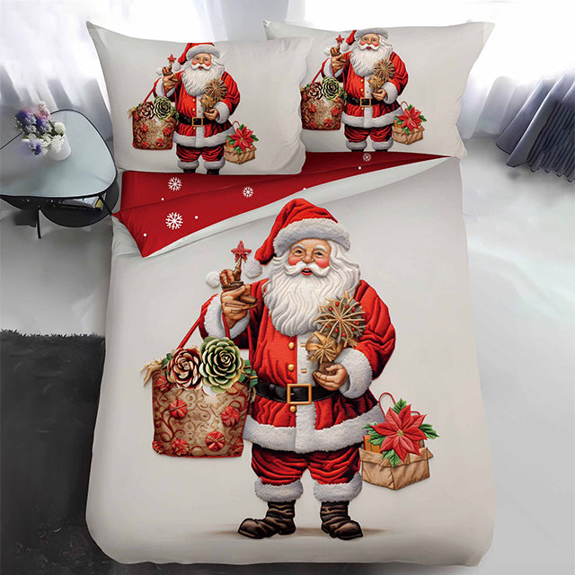 Коледно единично спално бельо - бяло с дядо коледа