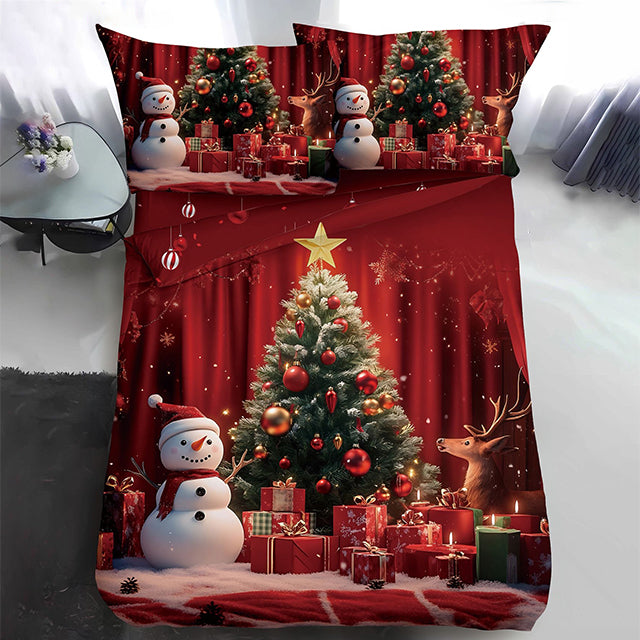 Коледно единично спално бельо - червено с елха и снежен човек